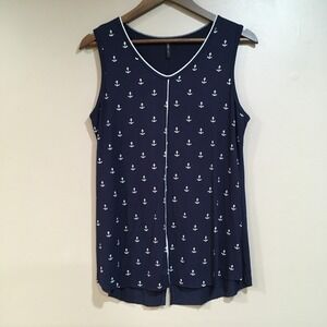 Edista Anchor Print Tank Top Womens Large Navy Nautical Coastal Casual Vacation